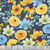 Wilmington Prints Fabrics Gentle Meadow Lola Molina Packed Floral Blue, a colorful floral fabric with yellow, blue, and orange flowers on a dark blue background.