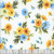 Wilmington Prints Fabrics Gentle Meadow Lola Molina Bouquet Toss White, floral fabric with yellow, blue, and orange flowers and green leaves on a white background.