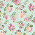 Wilmington Prints Fabrics Peony Blossoms By The Lakeside Art Studio Bouquet Toss Teal, floral fabric pattern featuring pink and peach roses, pink and purple blossoms, green leaves, and gold accents on a light teal background.
