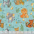Wilmington Prints Fabrics Safari Snuggles Jenny Faw Designs Critters All Over Teal, colorful fabric with illustrated safari animals including a zebra, elephant, lion, tiger, and cheetah, along with floral and motivational words like 'Be Brave' and 'Be Unique' on a teal background.