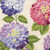 Riley Blake Fabrics Hydrangeas in the Garden Jennifer Bosworth Blue Pink Purple Pearl Hydrangeas, fabric featuring vibrant blue, pink, purple, and pearl-colored hydrangea flowers with green leaves on a light background.