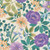 Benartex Fabrics Veronica's Garden White Garden Party Lawn, floral fabric with purple, peach, blue, and green colorful flowers and leaves.