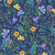 Benartex Fabrics Veronica's Garden Navy Blue Botanical Floral Lawn, vibrant fabric with colorful garden floral pattern featuring yellow, purple, and blue flowers on a navy background.