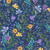 Benartex Fabrics Veronica's Garden Navy Blue Botanical Floral Lawn, vibrant floral fabric with yellow, purple, and blue flowers and green leaves on a navy background.