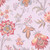 Waverly Fabrics Island Gem Silver Grey Jacobean Floral, close-up of fabric with intricate floral pattern in shades of pink, grey, yellow, and red on a silver grey background.
