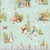 Riley Blake Fabrics Petter Rabbit and Benjamin Bunny Characters Blue, floral pattern fabric featuring adorable illustrations of rabbits and bunnies in various poses and outfits on a light blue background.