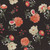 Wilmington Prints Peach Whispers Beth Grove Black Flower Bouquet Toss, fabric with a floral pattern featuring peach, cream, and pink flowers on a black background.