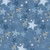 Lumin Fabrics White Owl Stars and Stripes Jennifer Ellory Patchwork Stars Blue, a fabric pattern featuring various star designs in shades of blue with polka dots, stripes, and handwritten script.