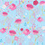 In The Beginning Fabrics Alice Blue Flowers and Pink Flamingos fabric, a cheerful pattern featuring pink flamingos, blue flowers, and decorative elements with rain droplets on a light blue background.