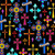 Quilting Treasures Fabrics Guardian Angel Black Ecclesiastical Crosses, vibrant stained glass style crosses with colorful floral and geometric patterns on a black background.