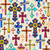 Quilting Treasures Fabrics Guardian Angel Cream Ecclesiastical Crosses, colorful stained glass-style crosses and religious symbols on a fabric design.