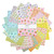 Riley Blake Fabrics Liberty Fabrics Gifts from the Garden Lasenby Charm Pack Five Inch Squares, colorful fabric squares with floral and garden patterns in pink, yellow, blue, and green.