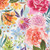 Moda Fabrics Soulstice Create Joy Project Midsummer Bloom Floral Canvas Cream Pink Purple, floral pattern fabric with vibrant watercolor-style pink, purple, orange, and blue flowers and green foliage.