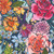 Moda Fabrics Soulstice Create Joy Project Midsummer Bloom Watercolor Floral Canvas Navy Blue, colorful watercolor floral pattern featuring pink, orange, purple, and white flowers on a navy blue background.
