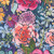 Moda Fabrics Soulstice Create Joy Project Midsummer Bloom Floral Watercolor Navy Blue, vibrant watercolor floral print with large pink, peach, purple, and yellow flowers on navy blue background.