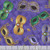 Quilting Treasures Fabrics Mardi Gras Masks Toss Purple Yellow Black, colorful Mardi Gras mask designs on purple fabric background.