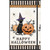 Wilmington Prints Meow-Gical Night Michael Davis Large Panel Multi, Halloween-themed illustration with a black cat wearing a wizard hat, pumpkins, spiders, and spiderwebs, with a playful "Happy Halloween" message.