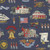 Riley Blake Fabrics Independence American Icons Independence Hall Mount Vernon Boston Oxford Blue fabric, featuring patriotic and historic American symbols and landmarks on a navy background.