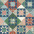 Riley Blake Fabrics Ambleside William Morris Star Cheater Quilt Print, colorful quilt block pattern featuring floral and bird motifs in shades of blue, red, green, beige, and pink.
