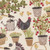 Moda Fabrics The Henhouse Gingiber Cloud Cream Chicken Garden, a fabric pattern featuring chickens, potted plants, and garden elements in soft, earthy tones.