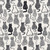 In The Beginning Fabrics Sketchbook Prints by Jason Yenter White Cats, fabric featuring black and white illustrations of various sitting cats with different fur patterns on a light background.