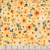 Quilting Treasures Fabrics Buzz, Buzz, Buzz Dan Morris Yellow Polinated Flowers, close-up of fabric with yellow background and small orange and white daisy-like flowers with green leaves.