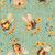 Quilting Treasures Fabrics Buzz, Buzz, Buzz Dan Morris Green Bee Hives Bees fabric with cute cartoon bees and yellow flowers on a green background.
