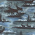 Moda Fabrics Wild Blue Yonder Moda Elk Scenic Landscape Nature Silhouettes Dark Blue, fabric with silhouettes of elk, mountains, trees, and water in dark blue and gray tones.