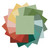 Benartex Fabrics Blissfield Solid Collection Layer Cake Ten Inch Squares, assortment of colorful fabric squares in pastel and earth tones arranged in a circular pattern.