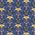 Dear Stella Fabrics To Bee Or Not To Bee Bee Mine Indigo fabric, featuring a pattern of bees, crowns, and flowers in yellow, white, purple, and green on a dark blue background.