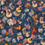 Quilting Treasures Fabrics American Country Dan Morris Blue Cowboy Hats Boots American Flags Guitars, a fabric pattern featuring musical instruments, cowboy hats, American flags, cowboy boots, and guitars on a blue swirling background.