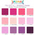 Product Robert Kaufman Fabrics Kona Cotton Pre Cuts 12 Fat Quarters Wildberry, image of a fabric swatch set with various shades of pink and purple from the Wildberry palette, including fabric names and codes.