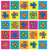 Benartex Fabrics Kaleidoscope Multi Blue Butterfly Boxes, colorful fabric squares featuring butterflies in vibrant colors including pink, blue, yellow, orange, green, and red, arranged in a grid pattern.