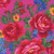Elizabeths Studio Fabrics Kokum Scarf Babushka Ukrainian Embroidered Rose Hot Pink, floral textile with large red roses, blue and yellow smaller flowers, green leaves, on a vibrant hot pink background.