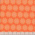 Benartex Fabrics Kaleidoscope Orange Kaleidoscope, vibrant orange fabric with a repeating pattern of geometric flower-like shapes in pink and yellow.