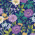 Benartex Fabrics Veronica's Garden Kanvas Studio Veronica's Garden Floral Navy, detailed floral fabric pattern with purple, white, and yellow flowers and green leaves on navy background.