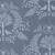 Moda Fabrics Family Tree Deb Strain Family Tree Damask and Birds Dusk Blue, fabric pattern featuring white silhouette of trees, flowers, and birds on dusk blue background.