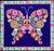 Robin Ruth Designs Mariposa Pattern, colorful butterfly quilt featuring intricate floral and geometric quilt fabrics on a dark blue background with a vibrant floral border.