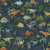 Riley Blake Fabrics Designer Flannel Cretaceous Jungle Dinos Navy, seamless pattern with various dinosaurs such as T-Rex, Triceratops, Stegosaurus and Pterodactyl among lush jungle foliage and palm trees in navy background.