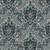 Marcus Fabrics Moon Washed Kristina Trogdon Garden Floral Frame Damask Navy, detailed navy floral damask pattern with intricate white floral and leaf motifs.
