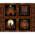 Blank Quilting Fabrics Harvest Haunt Episodic Drawing Harvest Haunt Block Panel Black, spooky Halloween-themed fabric with pumpkins, bats, a witch, an owl, and mushroom designs on a black background.
