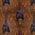 Blank Quilting Fabrics Harvest Haunt Episodic Drawing Hangin Bat Brown, a pattern featuring bats hanging upside down from autumn-colored branches with falling leaves on a brown background.