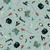 Blank Quilting Fabrics Witchy Wicked Rose Halsey Witchy Goods Dusty Blue, Halloween-themed fabric pattern with cauldrons, witches hats, brooms, moons, stars, bottles, and bats on Dusty Blue background.