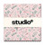 Studio E Fabrics Michelle Austin Charm Square Five Inch, fabric swatch with a pink background and a watercolor botanical pattern of green leaves and red berries.
