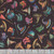 Quilting Treasures Fabrics Witchypoo Dan Morris Grey Witch Hats Shoes Broomsticks, fabric with colorful witch-themed imagery including hats, shoes, and broomsticks on black background.
