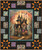 Quilting Treasures Fabrics Witchypoo Dan Morris Spooky Spells Quilt Kit, halloween-themed haunted house quilt with spooky trees and flying bats surrounded by halloween-themed fabric squares and geometric border.