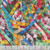 Timeless Treasures Fabrics Sewing Novelties Red Yellow Blue Green Swirling Measuring Tapes, colorful coiled and tangled measuring tapes in red, yellow, blue, green, and pink with black measurement markings.