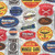 3 Wishes Fabric Road Runners White Garage Service Station Signs, vintage automotive-themed fabric design with various colorful garage and repair shop logos and signs.