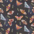 Moda Fabrics Northern Brights Amarilys Henderson Watercolor Moth Array Night Sky Black, fabric with colorful watercolor moths and green leaves on a black background.