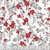 Henry Glass Fabrics Scarlet's Treasure Color Principle White Red Floral Vine, fabric with a white background and a pattern of red and gray floral vines and leaves.